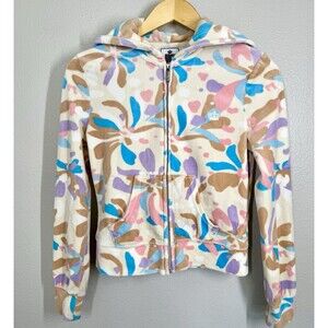 Juicy Couture Velour Y2K Cropped Hoodie Womens XS Full Zip Floral Jacket Pockets